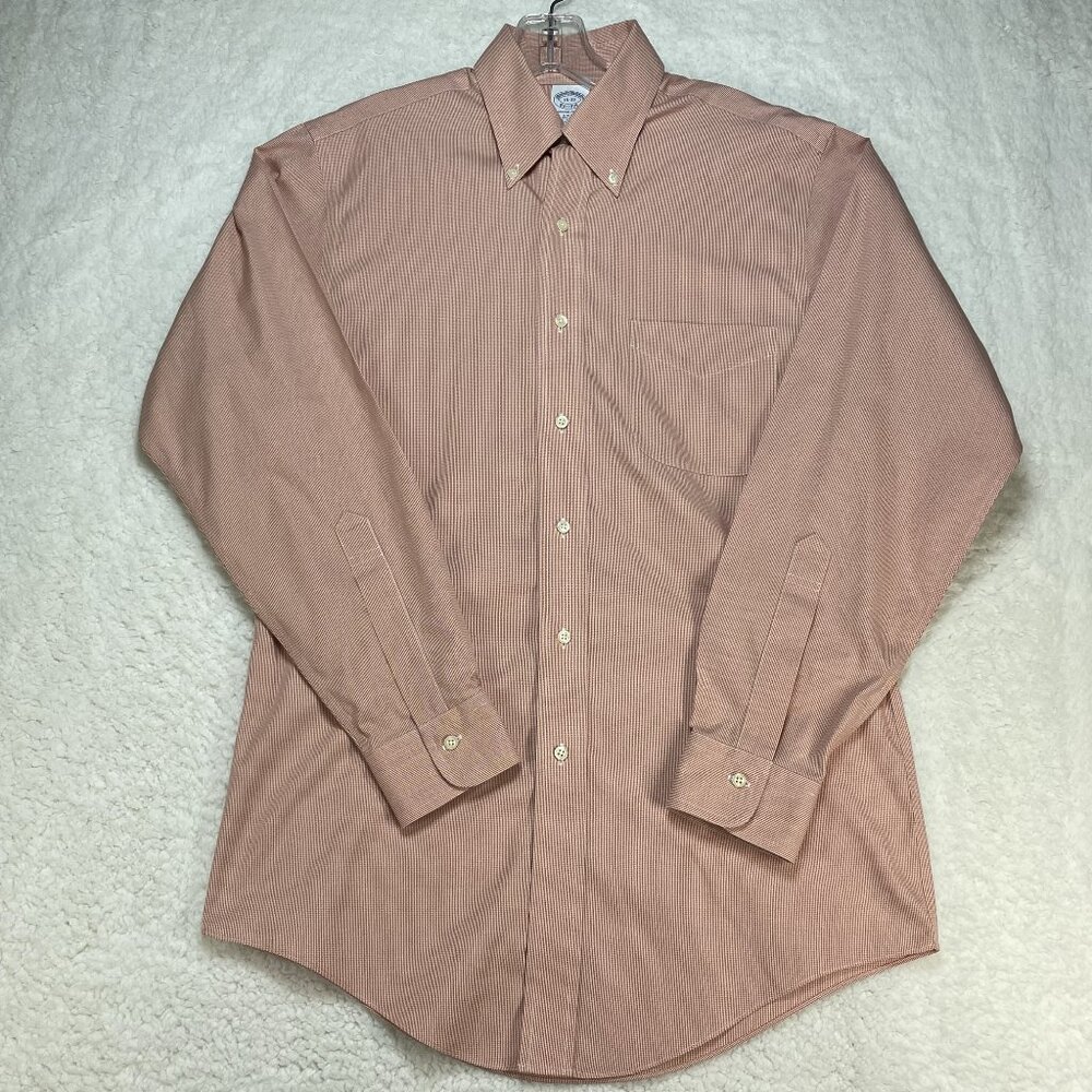 Brooks Brothers Shirt Mens Size 15-33 Orange Check Slim Fit Medium No Iron